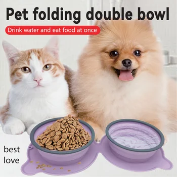 Двойные миски для домашних животных, складная силиконовая миска для кормления собак, переносные дорожные миски, складная миска для медленного кормления щенков и кошек, миска для воды