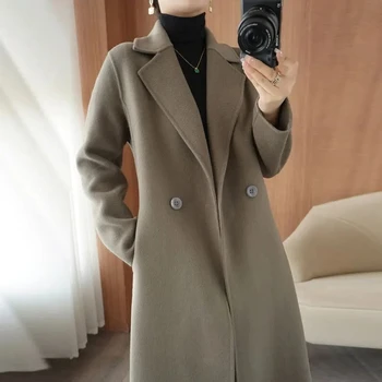 Двусторонняя кашемировая куртка из чистой шерсти, женское пальто средней длины, свободные высококачественные Двубортные повседневные шерстяные ветровки, пальто