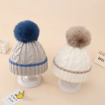 Детская вязаная шапка с мягким помпоном, осенне-зимняя вязаная шапочка для новорожденных, толстые теплые шапочки для новорожденных девочек и мальчиков