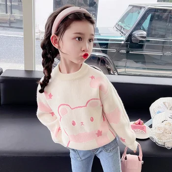 Детская трикотажная одежда для девочек, осенне-зимний модный свитер с медведем, Корейский толстый повседневный свитер с круглым воротником, милая верхняя одежда для маленьких девочек от 2 до 10 лет