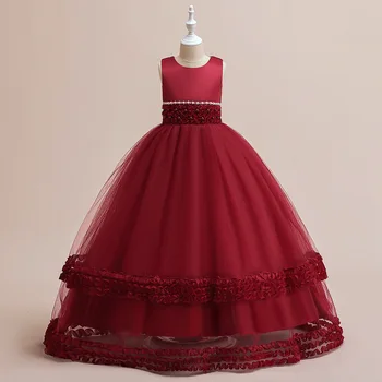 Детское платье в цветочек и юбка в пол, свадебное платье для девочек, расшитое бисером, сетчатая юбка принцессы Пенпенг