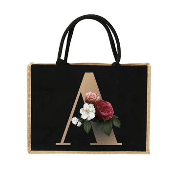 Джутовая сумочка, сумки через плечо, сумки с имитацией джута, женская сумка для покупок, дизайнерские ламинированные сумки с темно-золотыми буквами и цветами.