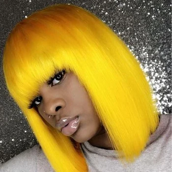 Желтый Короткий парик Боб, прямые парики из человеческих волос, полностью Машинные парики, Цветной Боб с челкой, Бразильские парики Remy Bob для женщин