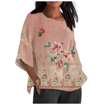 Женская летняя хлопковая льняная футболка, топы, блузка свободного кроя с принтом, рукав 3/4, винтажная одежда больших размеров, модная блузка