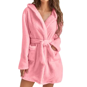 Женская однотонная пижама с длинным рукавом и карманом с капюшоном до колен, халат для домашней одежды