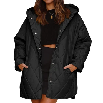 Женская осенне-зимняя ромбовидная стеганая одежда с длинным рукавом, винтажная теплая одежда с капюшоном и воротником, женское повседневное пальто, уличная куртка