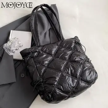 Женская стеганая сумка-хобо, повседневная сумка большой емкости, Мягкая однотонная легкая нейлоновая зимняя сумка для девочек