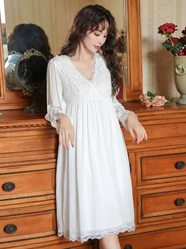 Женская французская демисезонная пижама с длинным рукавом и V-образным вырезом, ночная рубашка, сетчатая модальная ночная рубашка принцессы в стиле ретро, Викторианская пижама
