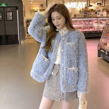Женские куртки из овечьей шерсти в корейском стиле, новинка 2023 года, универсальное свободное меховое пальто, женская модная уличная одежда С карманами, плюшевые пальто