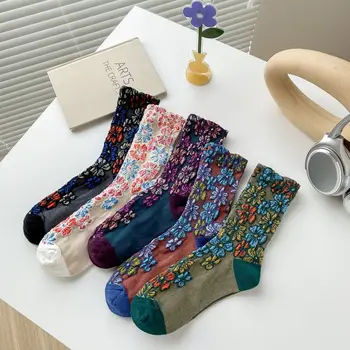 Женские носки в стиле ретро, осенне-зимние персонализированные хлопчатобумажные носки в цветочек, повседневные чулки средней длины