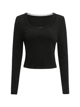 Женские укороченные топы Y2K с длинным рукавом, сказочная кружевная отделка, облегающая футболка с круглым вырезом, винтажные обтягивающие футболки, Повседневная уличная одежда