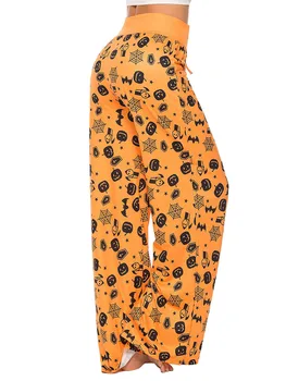 Женский пижамный комплект на Хэллоуин с завязками на высокой талии, украшенный тыквами и принтом призраков, мягкие широкие брюки для сна и