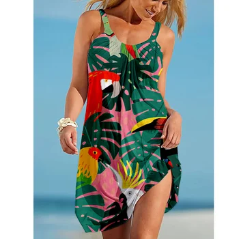 Женское платье с принтом Parrot Миди в стиле бохо, сексуальное пляжное платье с ремешком в виде подсолнуха, Богемные сексуальные вечерние платья без рукавов, сарафан с подолом, летнее платье