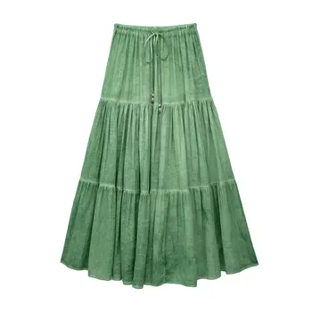 Женщины 2023, Новая модная Летняя Зеленая юбка Миди с завязками, Винтажная юбка с уздечкой и высокой талией, расслабленные женские юбки Mujer