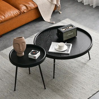 Журнальный столик из массива дерева в скандинавском стиле для гостиной, мебель для дома, небольшой квартиры, минималистичный круглый стол, простой черный журнальный столик