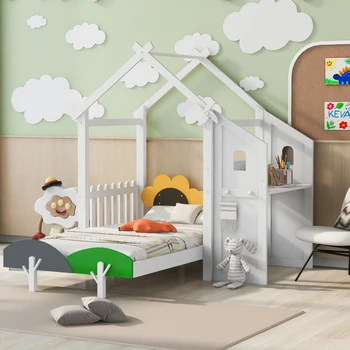 Забавная Двуспальная кровать, Кровать-платформа с Ветряной мельницей и Цветочным декором, Домашняя кровать с письменным столом и двумя ручками, детская кровать для спальни
