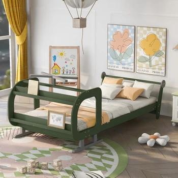 Зеленая Плоская кровать-платформа с вращающимся пропеллером и полками-Мебель для спальни Twin Size