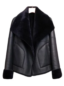 Зимняя женская куртка из овчины, теплая замшевая куртка с искусственным мехом, Короткая Мотоциклетная Ветровка, Дубленка, кожаные куртки из овчины, Верхняя одежда