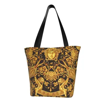 Изготовленная на заказ Роскошная холщовая сумка с золотым цветочным рисунком головы Медузы, женская сумка для покупок, сумки для покупок