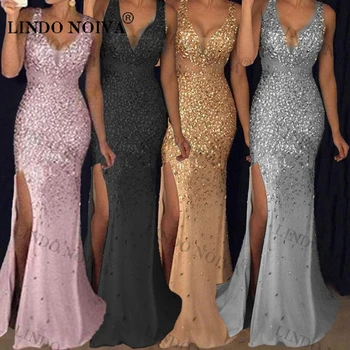 Изысканное вечернее платье LINDO NOIVA с высоким разрезом для женщин 2023 года с V-образным вырезом, без рукавов, длиной до пола, вечерние платья для выпускного вечера и свадебной вечеринки