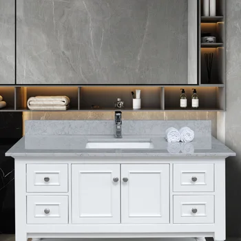 Каменная столешница для ванной комнаты серого цвета искусственного мрамора с керамической раковиной снизу и одним отверстием для крана с обратной панелью