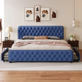 Каркас кровати-платформы с мягкой обивкой Blue King с четырьмя выдвижными ящиками, изголовьем и изножьем на пуговицах, прочной металлической опорой