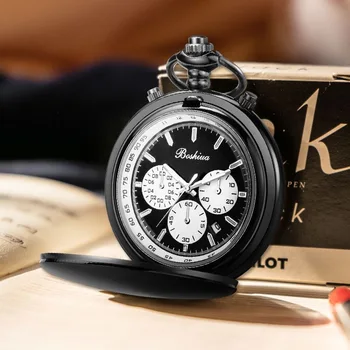 Кварцевые карманные часы с календарем для мужчин и женщин, роскошные часы из черного золота, Многофункциональная цепочка Orologio Fob, ожерелье, Мужские часы