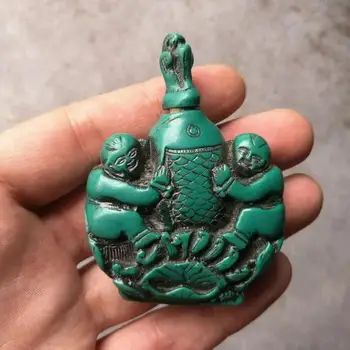 Китайская старинная бирюзовая резная рыбка и бутылочка из-под детского табака