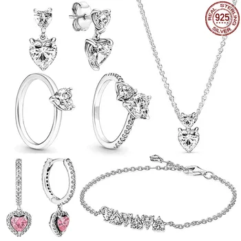 Классический набор серии heart из стерлингового серебра 925 пробы, Сияющее Изысканное кольцо, ожерелье, браслет, Шарм, Женская бижутерия, подарок