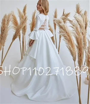 Классическое атласное белое платье для первого причастия для девочек с длинным рукавом и баской с круглым вырезом, платье принцессы в цветочек для девочек