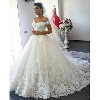 Классическое бальное платье с кружевной аппликацией и открытыми плечами, свадебные платья со стреловидным шлейфом, винтажные свадебные платья больших размеров