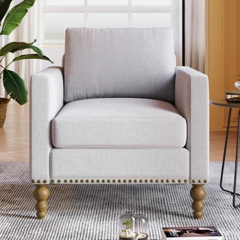Классическое льняное кресло, акцентный стул с бронзовой отделкой деревянными ножками, односпальный диван-кушетка для гостиной, спальни, балкона
