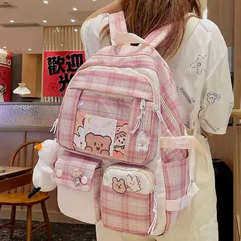 Клетчатый Прозрачный ПВХ Kawaii Контрастного цвета, рюкзак Kawaii для девочек, большой нейлоновый школьный рюкзак для женщин, сумки