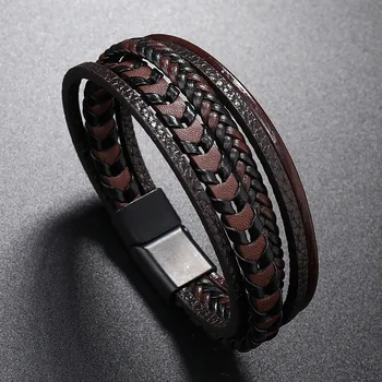 Кожаный браслет Для мужчин, многослойный кожаный плетеный браслет из веревки, Кожаный веревочный браслет, браслет с магнитной пряжкой из титановой стали