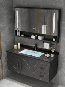 Комбинированный шкаф для ванной комнаты из массива дерева, современный минималистичный столик для ванной комнаты, шкаф для умывальника для мытья рук, шкаф для ванной комнаты