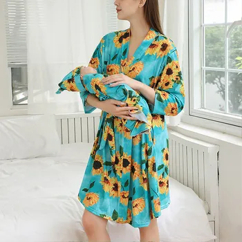 Комплект пижам для беременных с принтом Подсолнуха, Платье, детское пеленание и повязка на голову, Ночная рубашка, халат, комплект для женщин