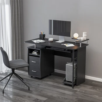компьютерный стол из массива дерева, офисный стол с пультом управления ПК, полками для хранения и картотекой, двумя выдвижными ящиками, процессорным лотком