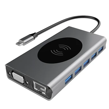 Концентратор USB C 14 В 1, док-станция для ноутбука с поддержкой беспроводной зарядки, тройной дисплей, совместимый с 4K, 5 портов USB 3.0.