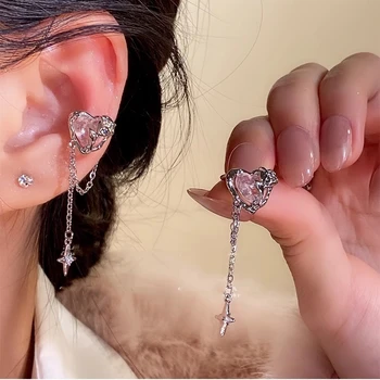 Корейский модный зажим для ушей с розовым кристаллом в виде сердца и кисточкой из циркона для женщин, эстетические украшения без ушных отверстий, аксессуары