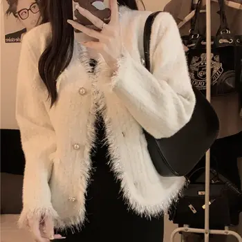 Корейский модный клетчатый твидовый жакет, женское белое укороченное пальто с круглым вырезом и кисточками, Осенняя Однобортная Офисная Женская верхняя одежда