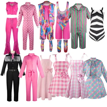 Косплей Костюм Барби Для взрослых И детей, Полный комплект, Розовая рубашка в полоску, брюки Disco Ken Flare, Одежда на Хэллоуин, Униформа Cos с париком