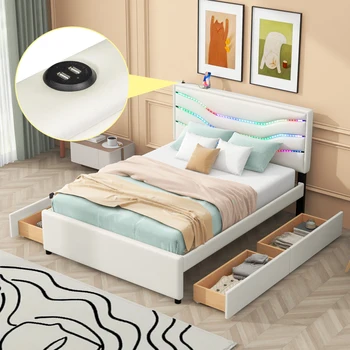 Кровать-платформа с мягкой обивкой размера Queen Size со светодиодной подсветкой, 4 выдвижными ящиками и USB-зарядкой, белый