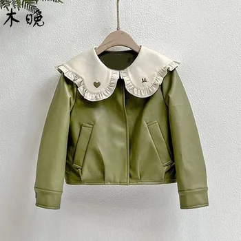 Куртка 2023 для девочек, Весна-осень, новая кожаная детская одежда, модное пальто для девочек, Корейский милый пояс с отложным воротником