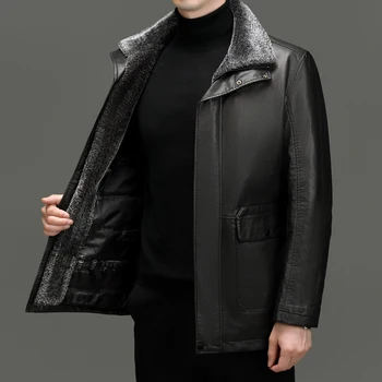 Куртка из натуральной кожи, осенне-зимнее кожаное пальто, мужской бархатный лацкан, роскошное кожаное пуховое пальто средней длины, мужские перья