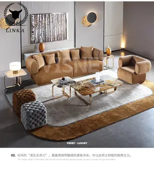 Легкий роскошный диван из матовой кожи в гостиной, диван из массива дерева, комбинация чайных столиков, современная роскошь для большой семьи S6