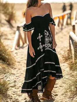Летнее женское повседневное платье с коротким рукавом из полиэстера, Новая мода 2023 года, кружевное облегающее платье со средней талией и низом