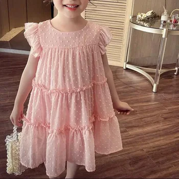 Летнее однотонное элегантное модное платье принцессы для девочек, эстетичное свободное детское праздничное платье Kawaii с круглым вырезом, милая шифоновая детская одежда