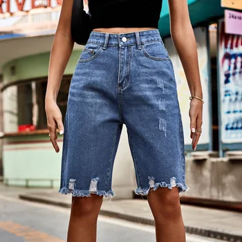 Летние женские джинсовые шорты 2023 года, рваные джинсовые шорты с высокой талией, уличные джинсовые шорты с перфорацией, модные пятиточечные шорты с меховой бахромой