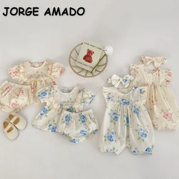 Летние комплекты для семьи, комбинезон с цветочным принтом и расклешенными рукавами, комбинезон с рюшами, кукольная рубашка в стиле пэчворк, одежда для сестер-близнецов E23073