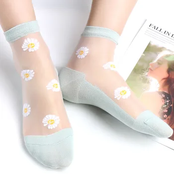 Летние носки Прозрачные носки Little Flower Daisy Модные женские носки для девочек из шелка с кристаллами, дышащие ультратонкие женские носки Sox